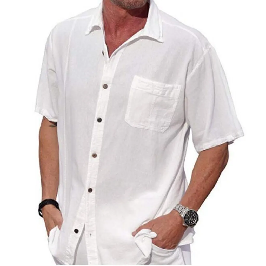 

Shirt Men Cotton Hemp Pocket Button Lapel Short Sleeve Fashion Shirt Men's Clothes New Style M-3XL