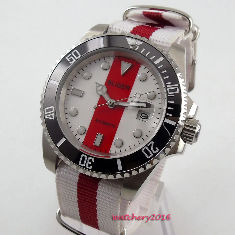 

40mm Bliger Red & White dial Date Window 2018 Top brand Luxury Sapphire Crystal Luminous Hands Automatic Mechanical Men's Watch