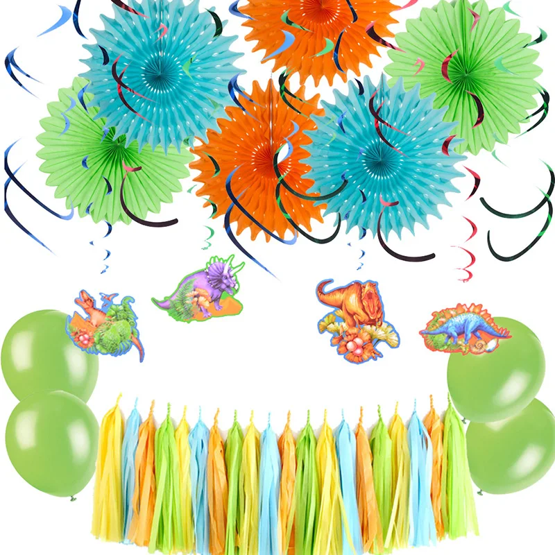 Baby Shower Boy Dinosaur Theme Party Decoration Balloon Paper Fan Tassel Banner Kids Home Dinosaur Table Decorations Accessories