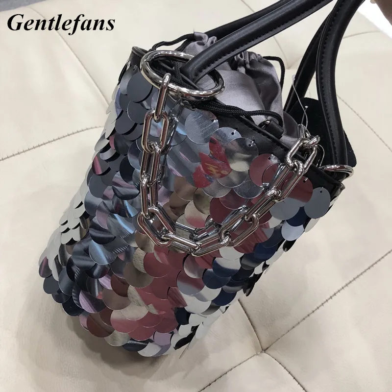 

Euro Style Women Bucket Composite Bag Fashion Cowhide Silver Sequined Bag Lady's Party bucket bags luxury Evening Bag