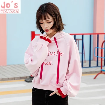 

Women Hoodies Sweatshirts Kawaii Ladies Basic Oversized Pullover Chic Sleeve Cuff Red Ribbon Pink Beige Thick Coat Hoodies
