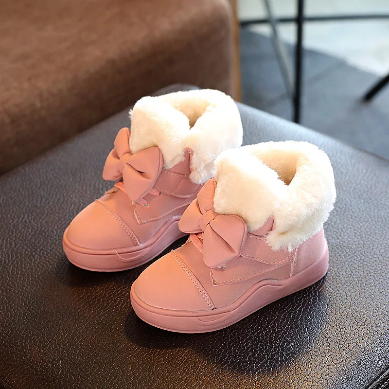 Cute Bowknot Princess Girls Winter Warm Boots Fashion Children Shoes Cotton Padded Kids Ankle Boots Pink