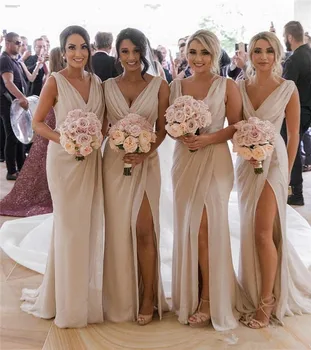 

2019 V Neck Chiffon Mermaid Long Cheap Bridesmaids Dresses Ruched Split Summer Beach Wedding Guest Plus Size Maid of Honor
