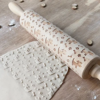 

Wooden Rolling Pin with Engraved Dog Bone Paw Embossed Pin for Embossed Cookies Biscuit Cake Baking Tools Kids Party Favors