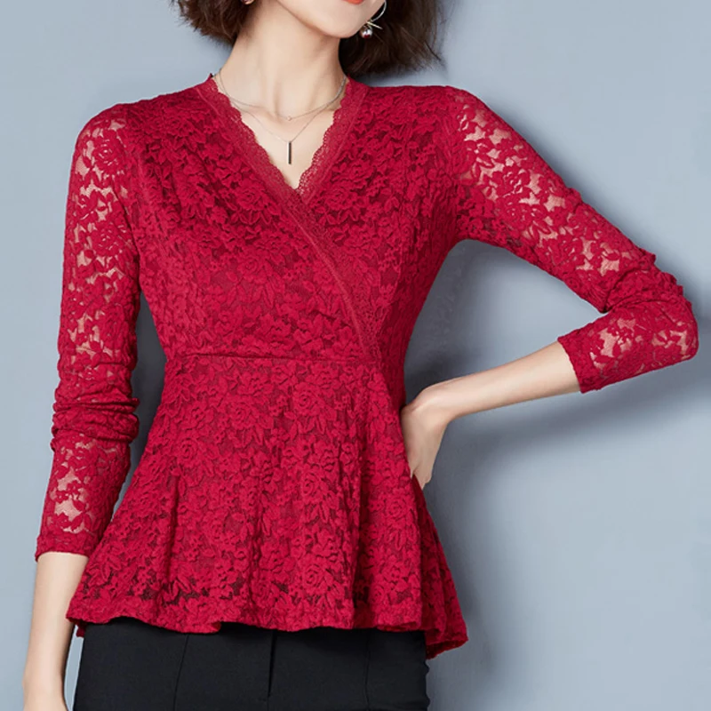 

Chemise Femme Spring 2019 New blouses shirts Long Sleeve Pink Red Lace Blouse Women's Fashion Tops Ruffle M-3XL Plus size 801H
