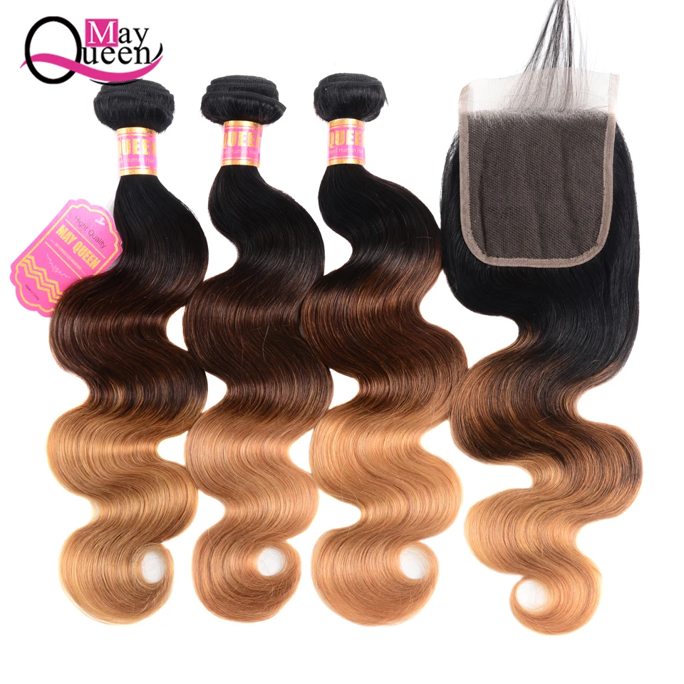 Ombre Peruvian Body Wave Hair Bundles With Closure 1b 4 27 Three Tone Color May Queen Remy Human Hair 3 Bundles With Closure