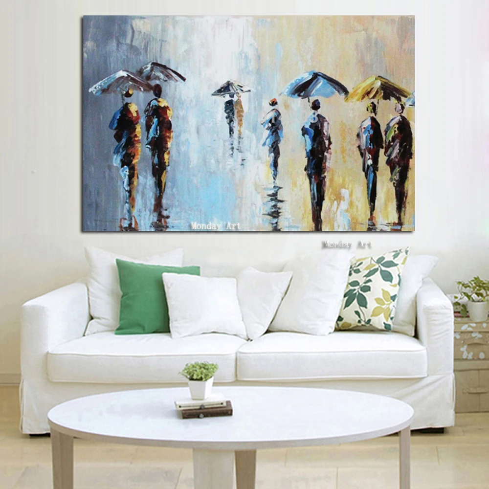 

Free Shipping handmade Palette Knife Painting Abstract Paintings On Canvas For Living Room People In The Rain Wall Art Picture