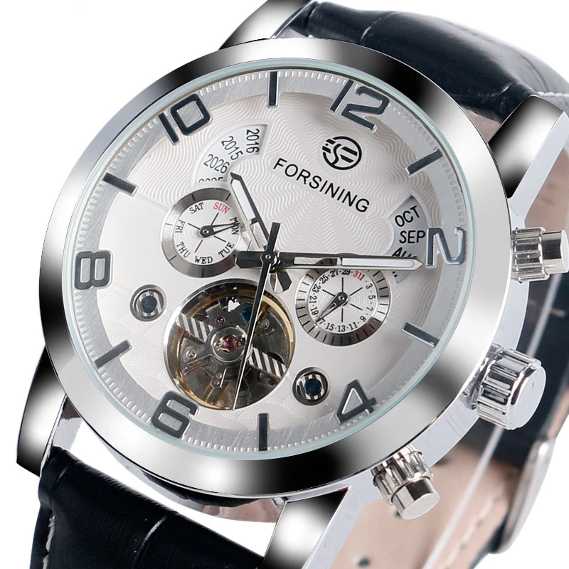 

Luxury Brand Fashion Mechanical Watch Men Automatic Self-Wind Leather Band Wrist Watches Year Display Men's Clcok Gift