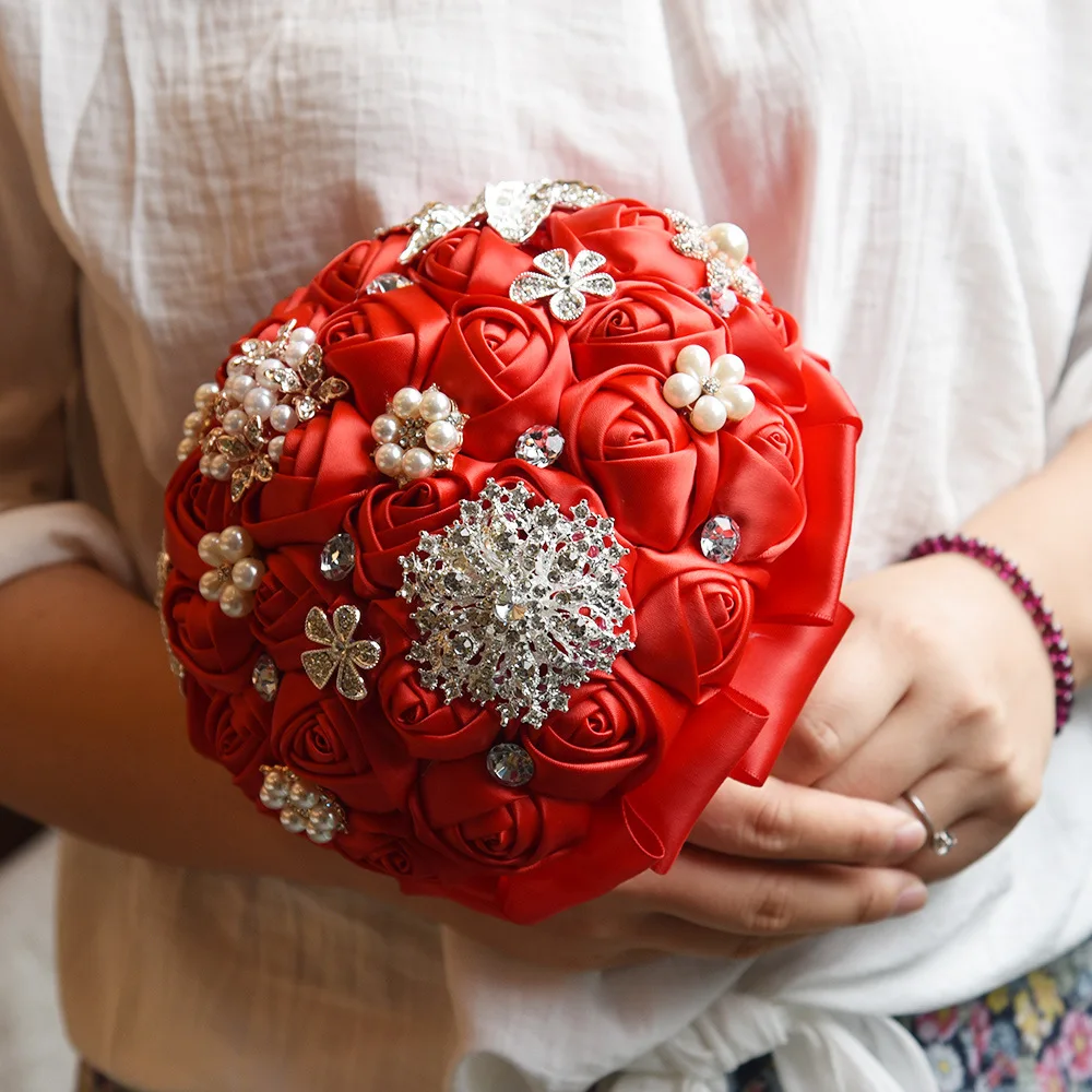 JaneVini блестящий кристалл жемчуг красный свадебный букет с бриллиантом Роскошный горный хрусталь брошь свадебный цветок невесты букеты