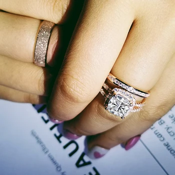 

925 Sterling Silver rose gold color 3pcs in 1 Couple Wedding Ring Set for Bridal Women and men Finger couple pair Jewelry LR4967