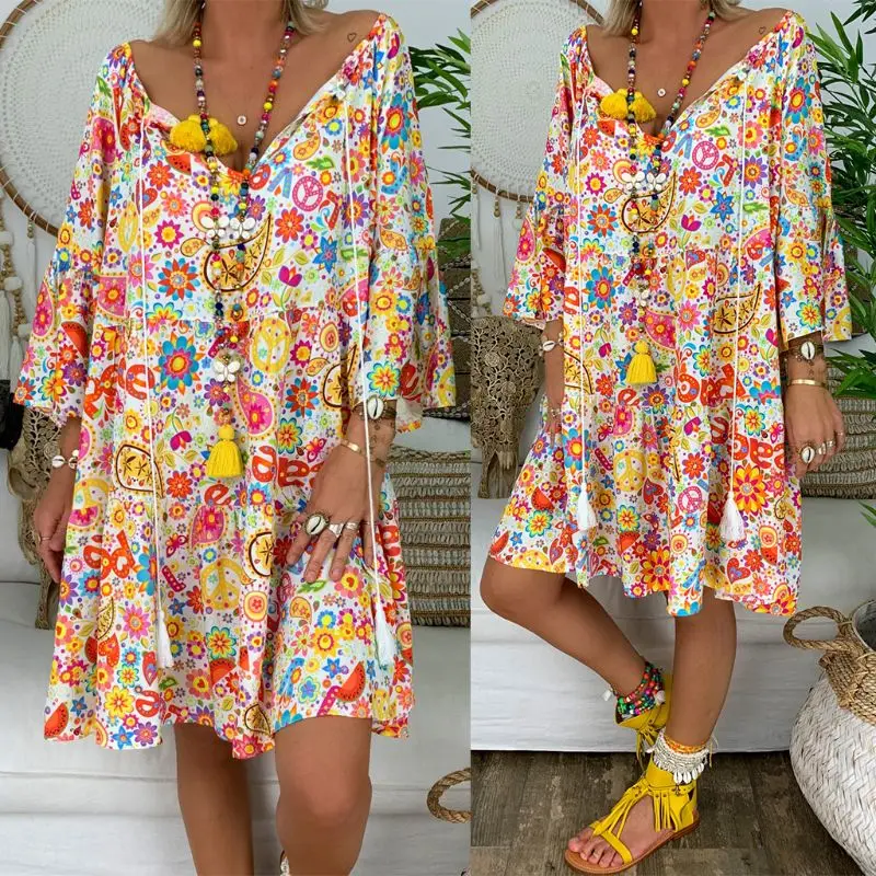Women Boho Summer Floral Long Sleeve Holiday Beach Shirt Dress Mini Dress Plus Size S M L XL 2XL 3XL 4XL 5XL