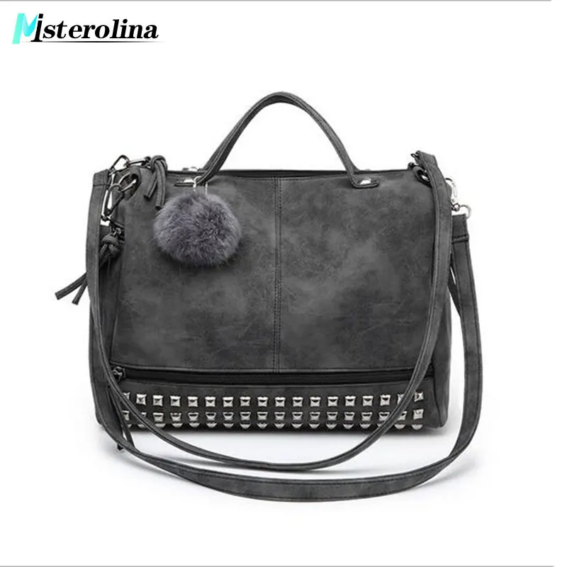

2018 New Vintage Nubuck Leather Female Top-handle Bags Rivet Larger Women Bags Hair Ball Shoulder Bag Motorcycle Messenger Bag