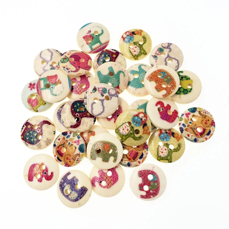 

100Pcs Fancy Bulk Mixed Wooden Button Kawaii Elephant Sewing Accessories Decorative Buttons Handmade Scrapbooking Craft DIY 15mm