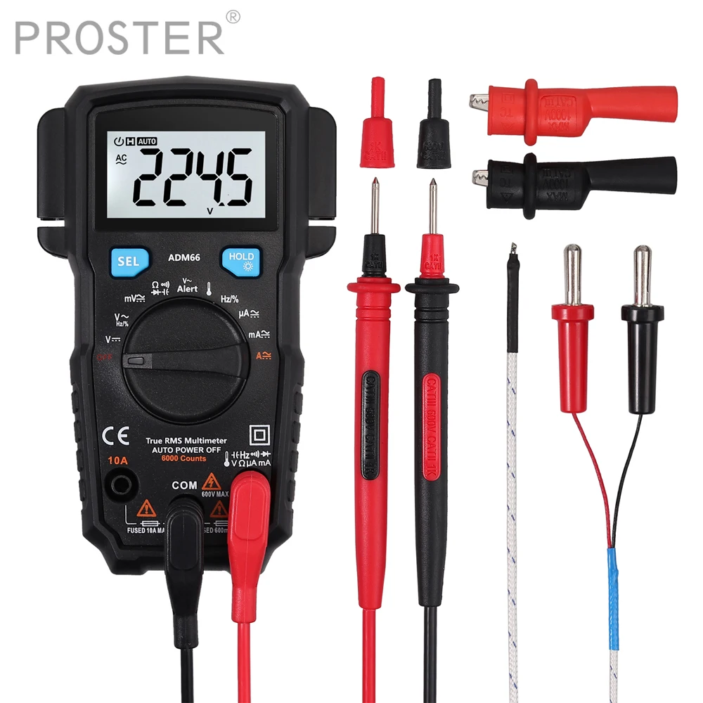 

Proster for Digital Multimeter True RMS 6000 Counts Auto-Ranging DC AC Current Voltage with 2 Side Probe Holder