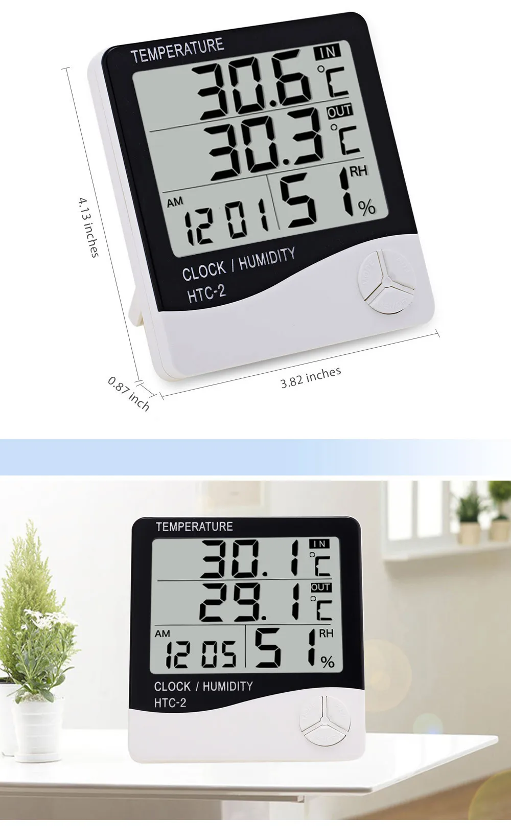 Indoor&Outdoor Room LCD Electronic Temperature Humidity Meter Digital Thermometer Hygrometer Weather Station Alarm Clock HTC-1 9