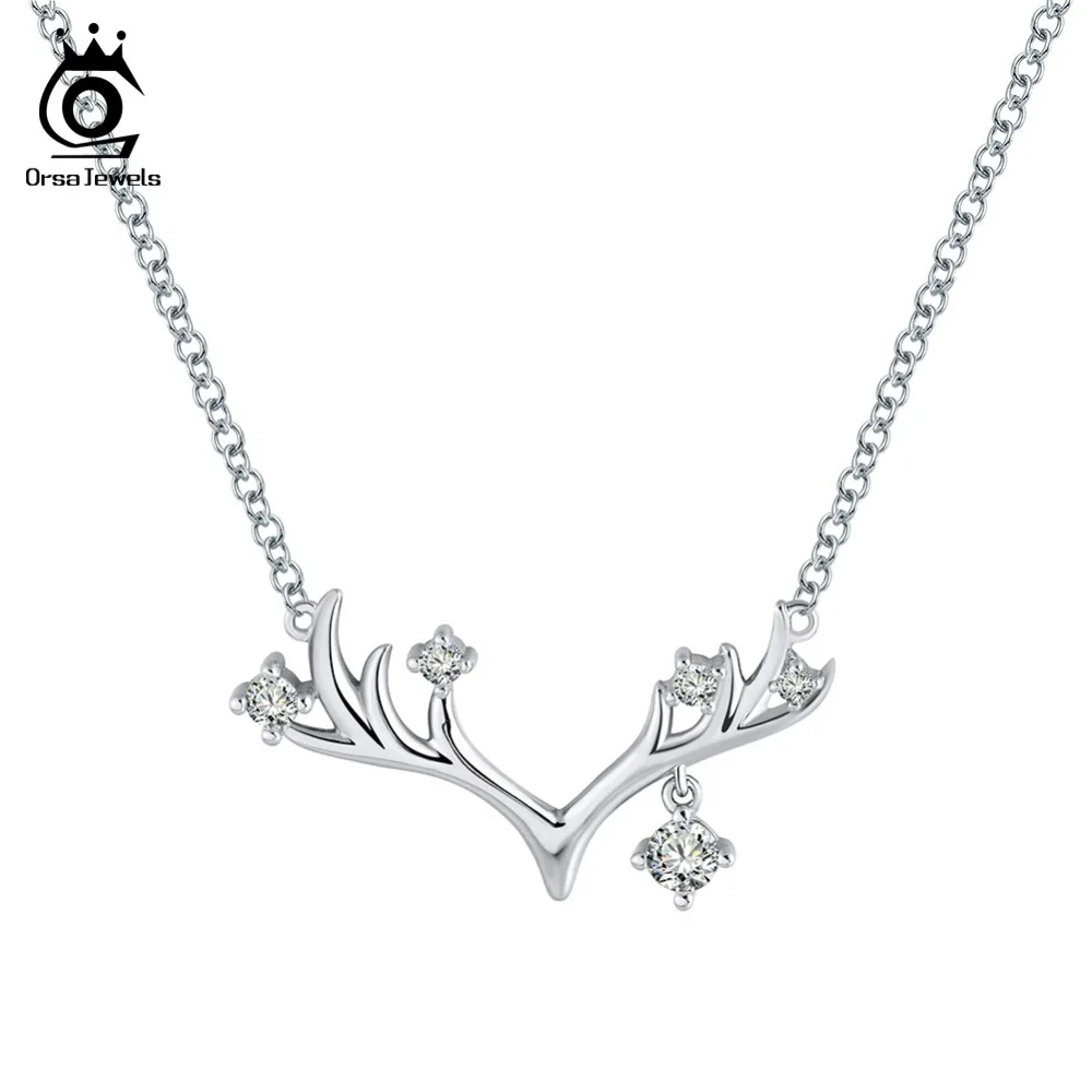 

ORSA JEWELS Women Pendants & Necklaces Original Christmas Antlers Shape AAA Shiny CZ Silver Color Female Party Jewelry ON157