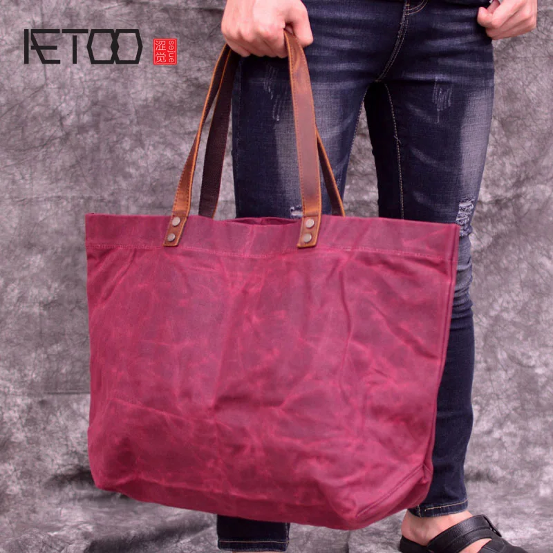 

AETOO Outdoor men's and women's casual canvas bag, portable shoulder waterproof cloth bag, large-capacity fold handbag