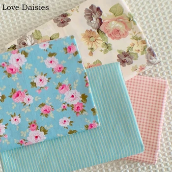 

100% Cotton WHITE BLUE Retro Gray Gold Pink White Rose Flower Check Stripe Twill Fabric for DIY Apparel Dress Decor Patchwork