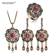 Classic Style Turkish Vintage Jewelry Sets Necklace & Earrings & Ring Sculpture Flowers 3 Colors Resin Crystal Anti Gold tassels