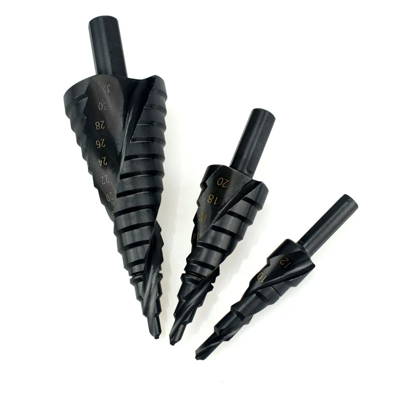 3 PCS HSS Titanium Nitride Coated Cone Spiral Step Drill Bit Set Metal Hole Cutter Power Tools kit, Metric 4-12/20/32mm