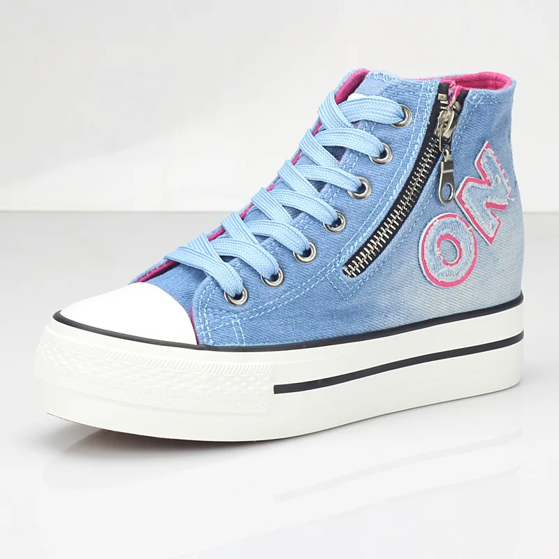 

Women's Blue Black Denim Jeans Lace Up Zipper Decor Thicken Heels Creepers Shoes Size Flat Platform Canvas L50