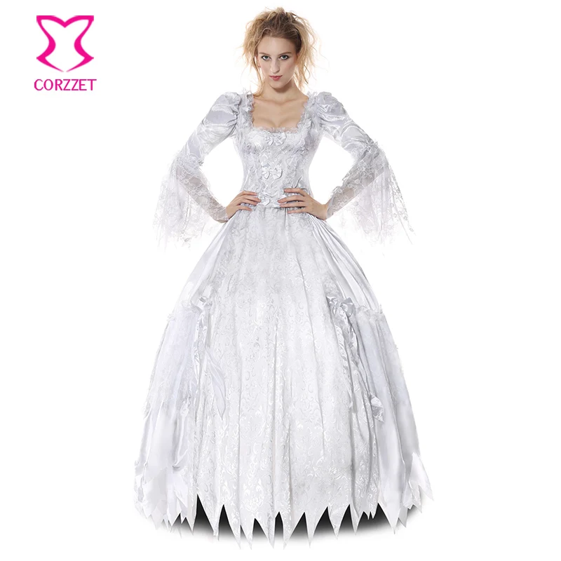 

Victorian Gothic Zombie Ghost Bride Fancy Dress White Lolita Cosplay Vampire Corpse Countess Sexy Halloween Costumes for Women