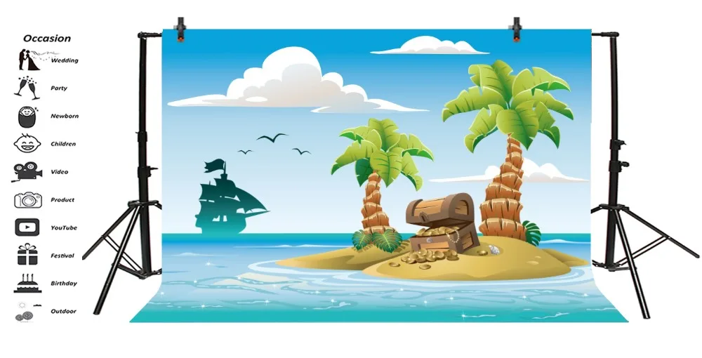 Laeacco Cartoon Sea Island Palm Trees Treasure Baby Photography Backgrounds Customized Photographic Backdrop For Photo Studio