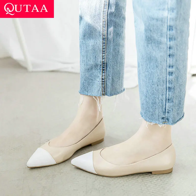 

QUTAA 2019 Women Pumps Platform Low Heel Cow Leather +pu Fashion Pointed Toe Women Shoes Slip on Casual Ladies Pumps Size 34-43