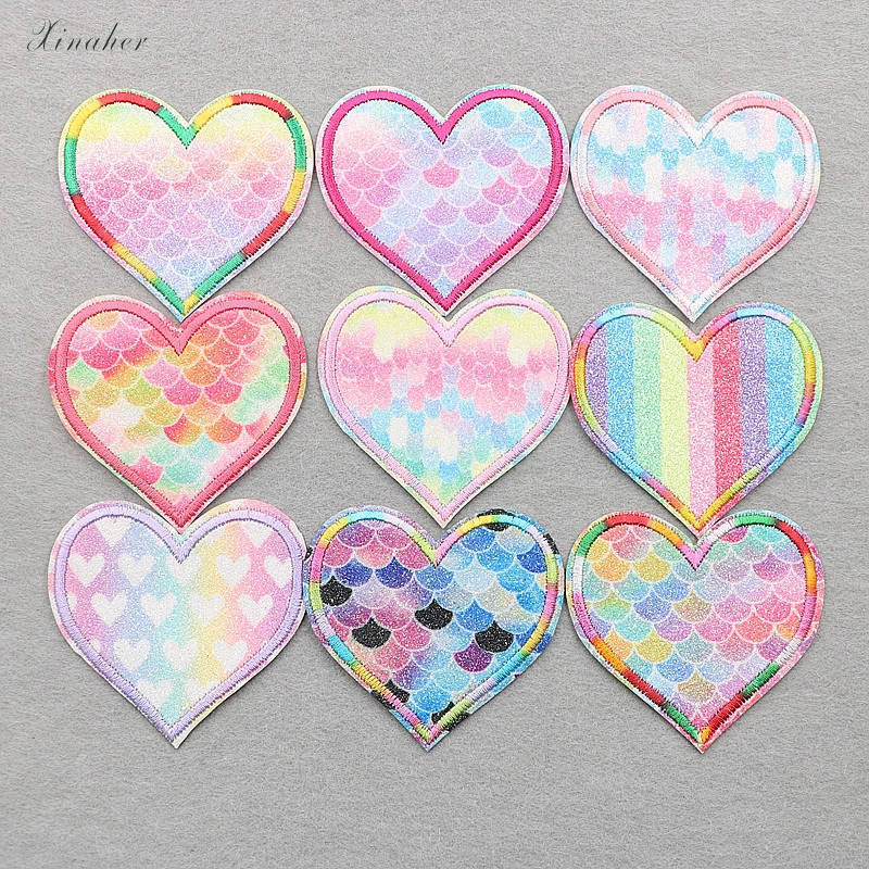 

XINAHER 9pcs/lot color heart Iron On Patches Embroidered Patches Apparel Fabric Sewing Applique DIY Clothes Stickers Patches