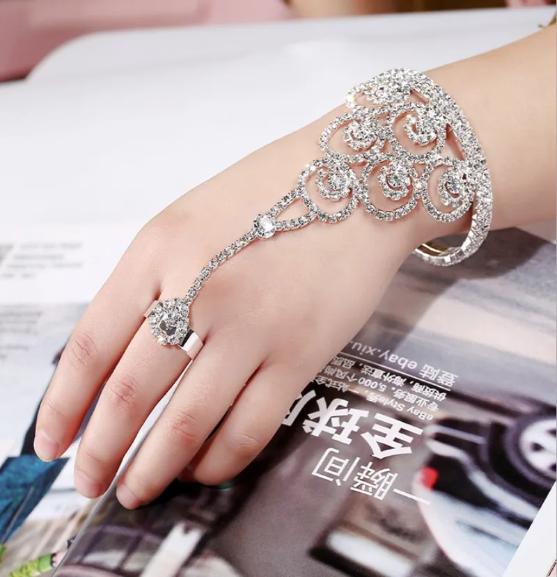 

Women Rhinestone Crystal Wedding Cuff Bracelets Water Drop Hand Chain Harness Bangle Fashion Slave Bracelet Ring Jewelry