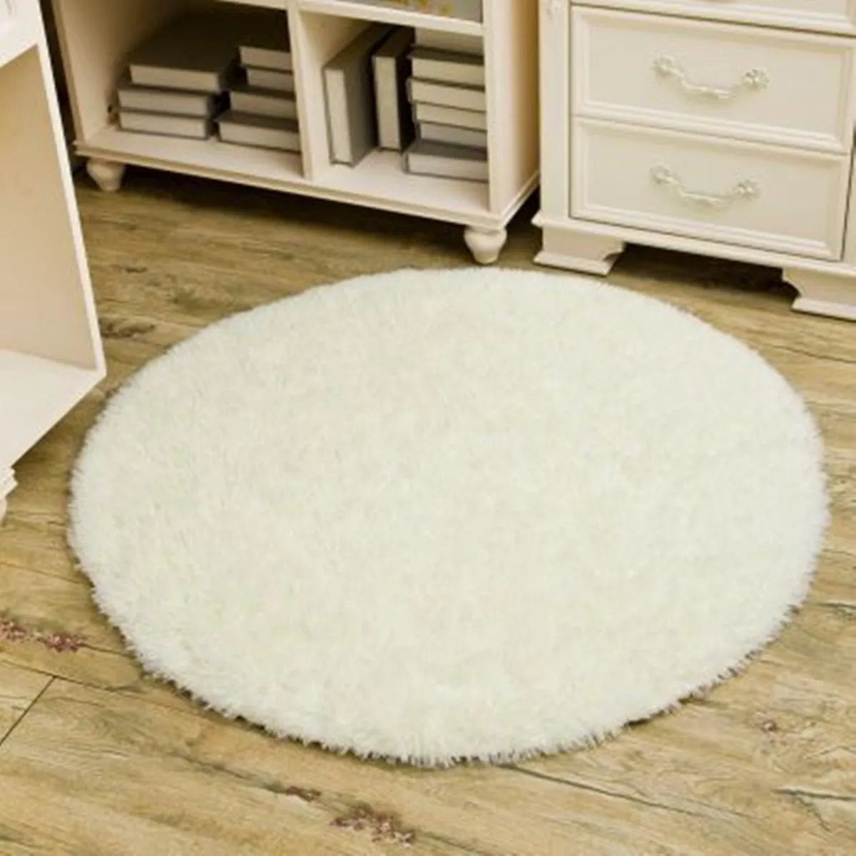 Non Slip Shower Bedroom Mat White Shaggy Rug Round Long Hair Faux Fur ...
