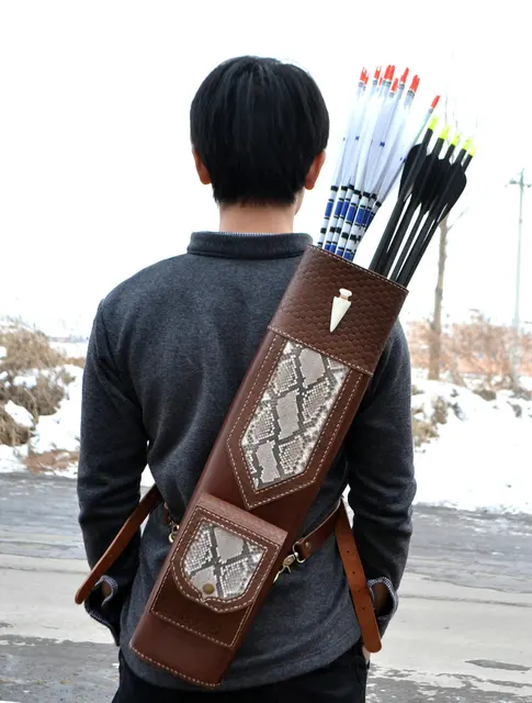 Best price at $141 Cheap High quality Hand Crafted Single/three point shoulder back type snakeskin Leather Archery Quiver Brown holding for Hunting