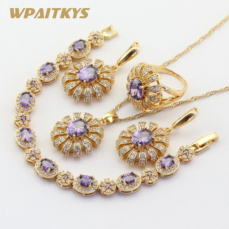 Золотой Цвет Ювелирные наборы для женщин Свадебные фиолетовые камни CZ браслет серьги ожерелье кулон кольца подарочная коробка WPAITKYS