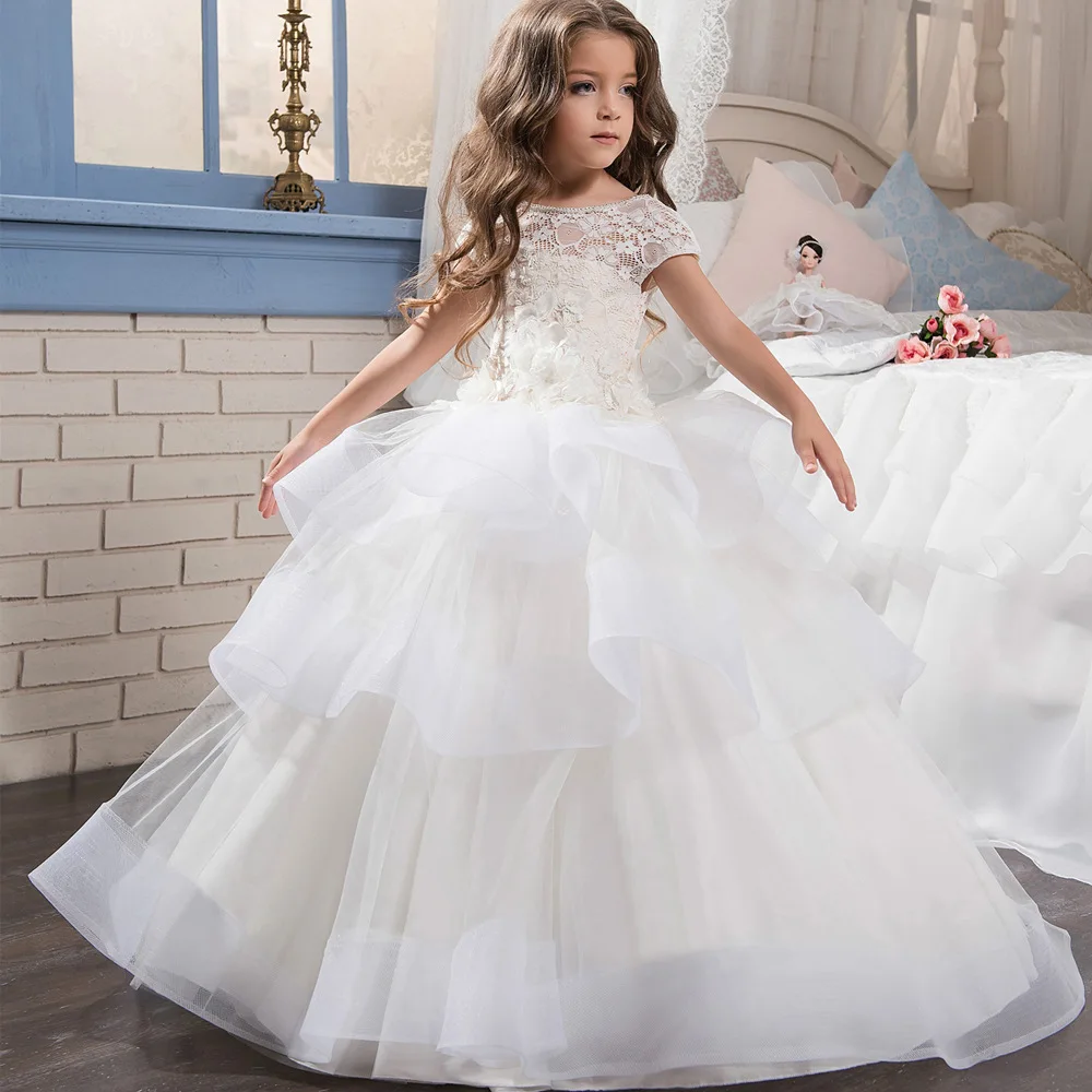 Для девочек свадебное платье новый короткими рукавами цветок-Лепесток-кружевное Пышное Платье для дня рождения Банкетный цветок модель