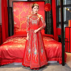Роскошные древний Королевский Красный китайский торжественное платье традиционные невесты вышивка Cheongsam Для женщин Восточный дракон
