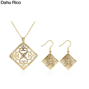 

hollowed-out carved decorative pattern on surface square bijoux ensemble set jewelry women as mulheres co Dahu Rico jewelry sets
