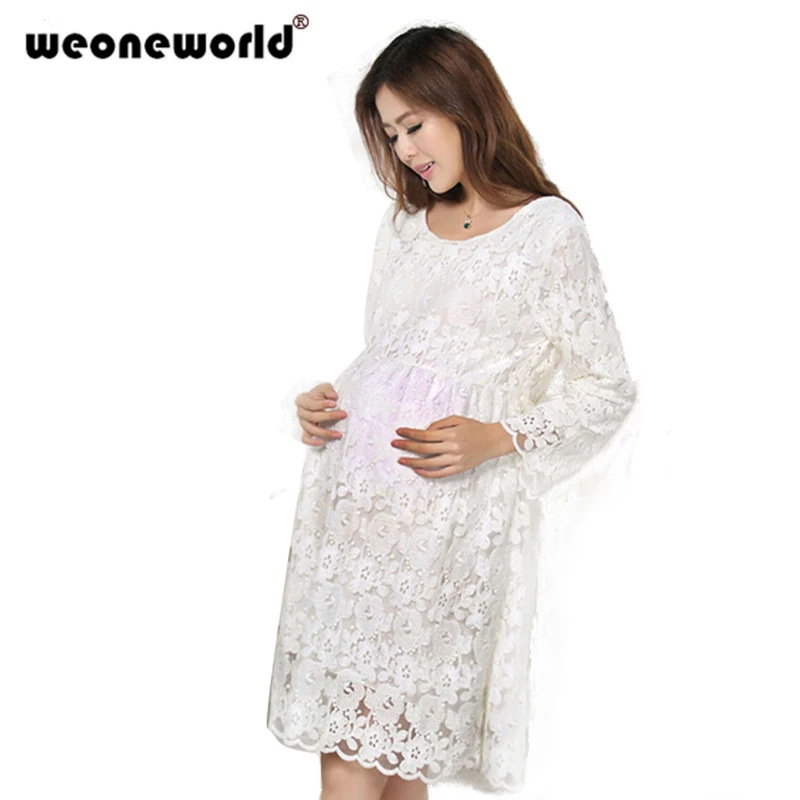 WEONEWORLD/ Одежда для беременных с круглым вырезом и длинным рукавом, однотонное Повседневное платье для будущих мам, кружевная Одежда для беременных женщин, большие размеры