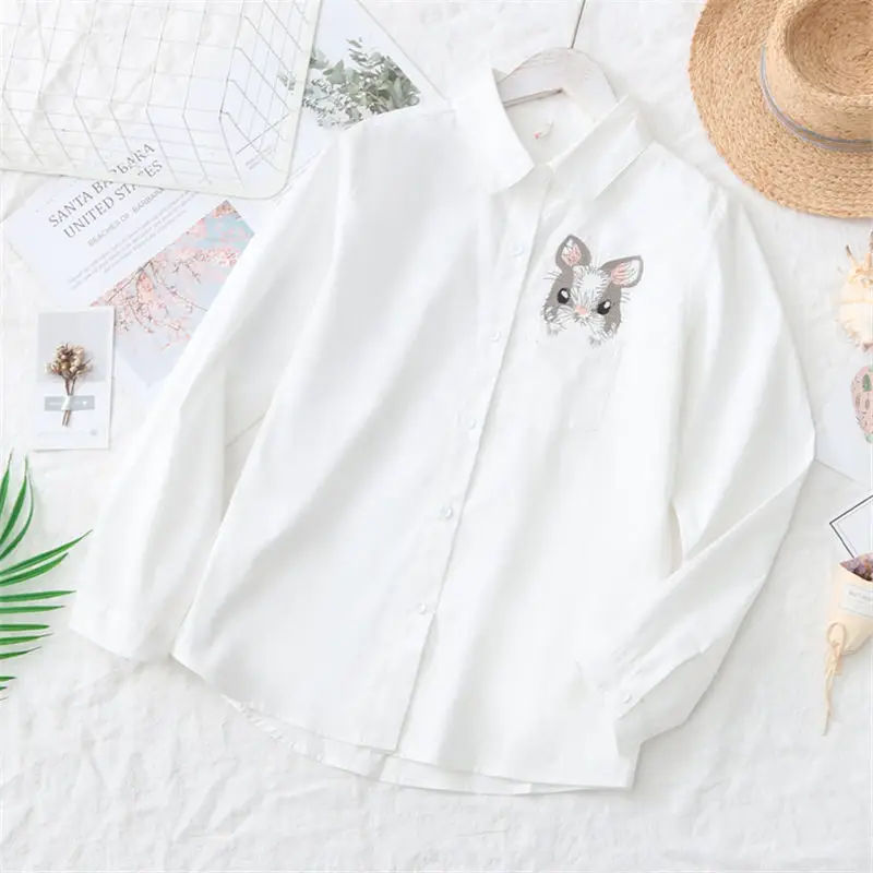 

New Spring Shirt Women Cotton Tops White Rabbit Embroidery Shirt Feminine Blouse Casual Clothes Fashion Lady Blouses Top