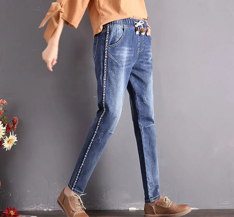 HEE GRAND/джинсы-шаровары для Для женщин эластичный пояс сбоку полосой джинсы карман шнурок Для женщин брюки мыть свободные Повседневные штаны