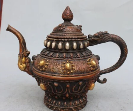 

RHS0117 12" Chinese Tibet Silver Bronze Gilt Animal Dragon Wine Tea Pot Flagon Statue