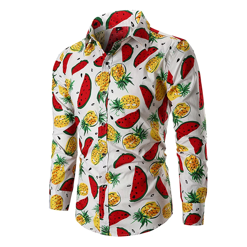 2 Colors Casual Fruit Print Shirt Pineapple Watermelon Slim Fit Long