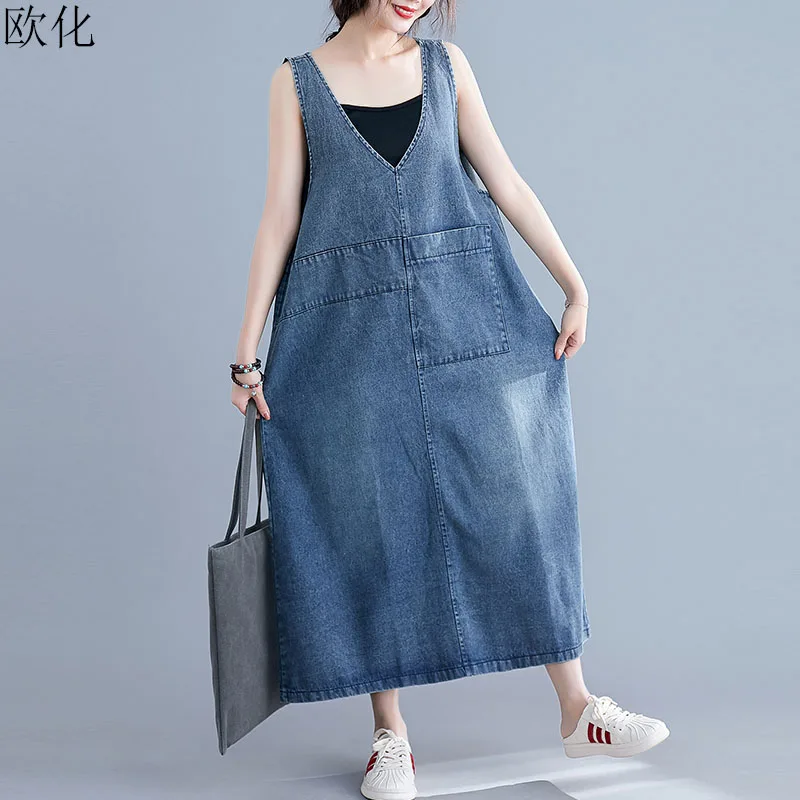 

New Arrival 2019 Summer Women New Overalls Denim Dress Plus Size Sleeveless Jeans Pockets Strap Dress Vintage Big Size Sundress