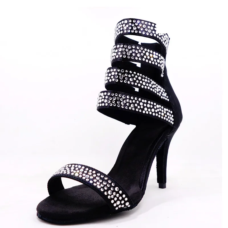

2017 New Style Black With Rhinestone High Heel 8.5cm And Professional For Women Latin Satin Salsa Dancing Shoes L-153