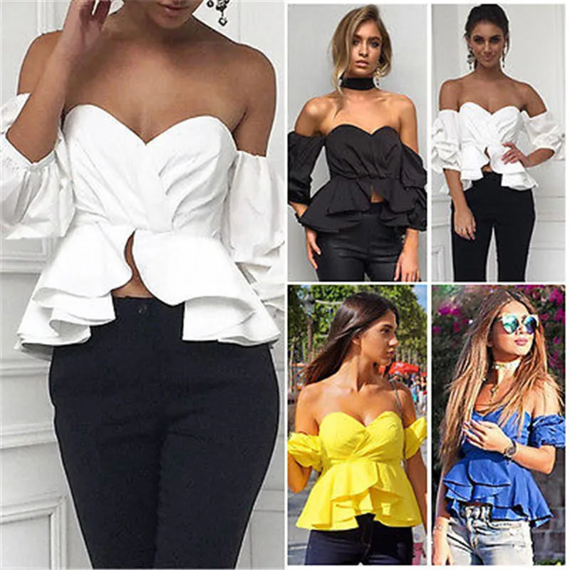 Fashion Women Off Shoulder Puff Sleeve Ruffle V-neck Peplum Crop Tops Summer Loose Strapless Casual Solid Color Shirts Blouse Fashion Women Off Shoulder Puff Sleeve Ruffle V-neck Peplum Crop Tops Summer Loose Strapless Casual Solid Color Shirts Blouse