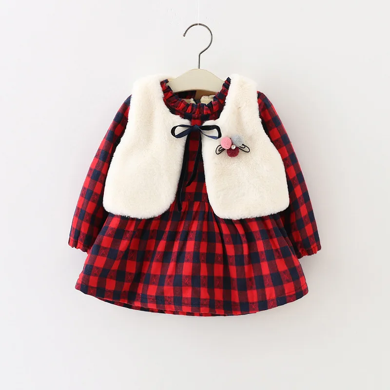 2017 Baby Girl Winter Dress Cashmere Plaid Cute Ball Dress+fur Vest