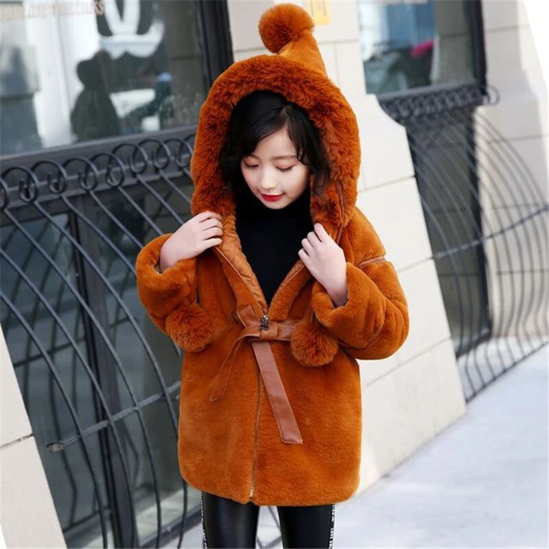 

Winter Jacket for girls fleece faux fur coat for girl hooded jackets outwear fur collar kids clothes
