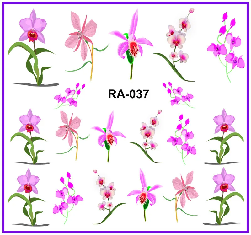 Искусство ногтей Красота вода наклейка слайдер элегантный цветок Цветочная Орхидея фиолетовый розовый лепесток RA037-042 - Цвет: RA037
