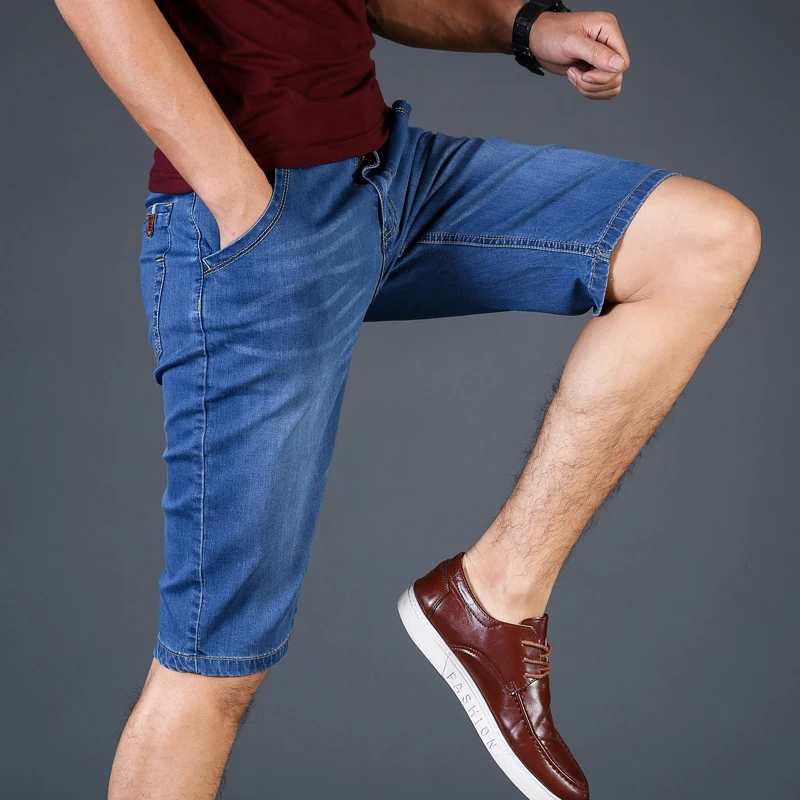 

Summer New Cotton Denim Shorts Men Jeans Bermuda Pocket Knee-Length Solid Blue Scratch Male Short Trousers Plus Size