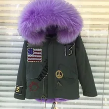 США бисером короткий стиль женщины Армейский зеленый куртка из искусственного меха внутри пальто Mrs. мех енота воротник куртки