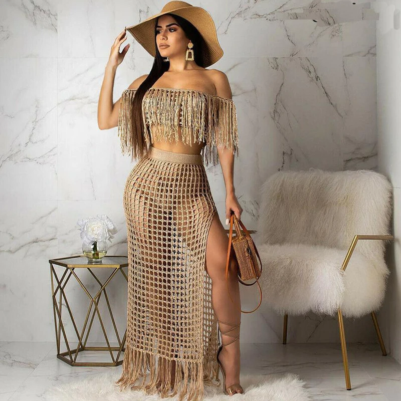 Two Piece Sets Beach Wear Cover-Ups Women Crochet Hollow Out Tassel Off Shoulder Crop Tops and Skirt Sets Slit Beach Maxi Skirts - Цвет: Хаки